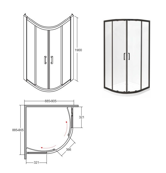 BESCO Modern Black kabina półokrągła 90x90 drzwi przesuwane czarny przeźroczyste ProClean MPB-90-190-C