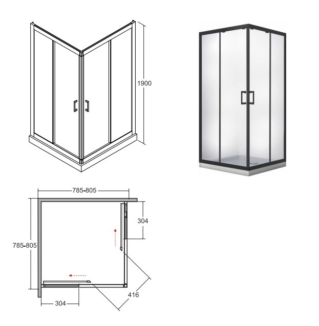 BESCO Modern Black kabina kwadratowa 80x80 drzwi przesuwane czarny przeźroczyste ProClean MKB-80-190-C