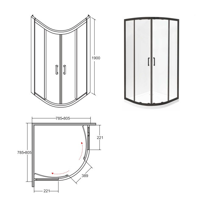 BESCO Modern Black kabina półokrągła 80x80 drzwi przesuwane czarny przeźroczyste ProClean MPB-80-190-C