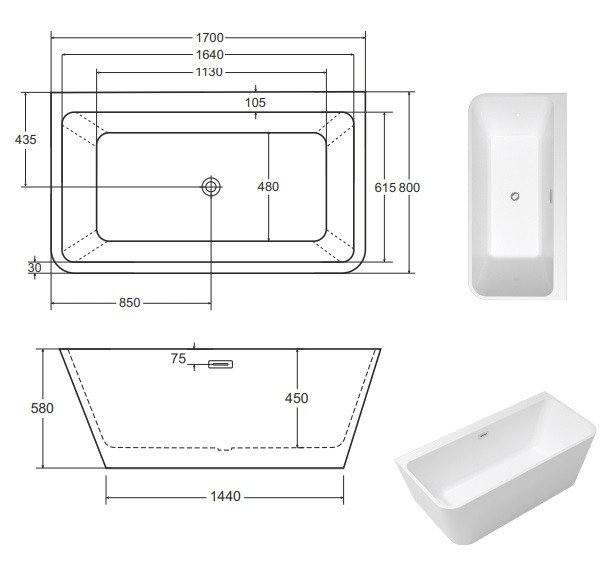 Besco Varya wanna wolnostojąca przyścienna 170x80 cm akryl biały + syfon biały WAS-170-VRB