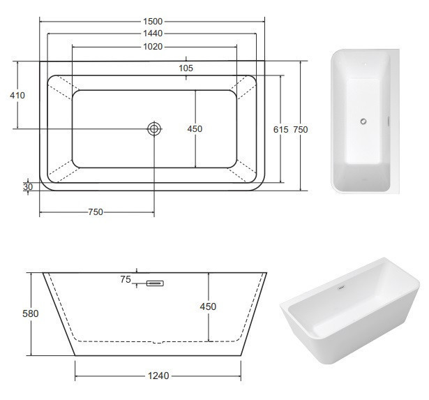 Besco Varya wanna wolnostojąca przyścienna 150x75 cm akryl biały + syfon grafit WAS-150-VRG
