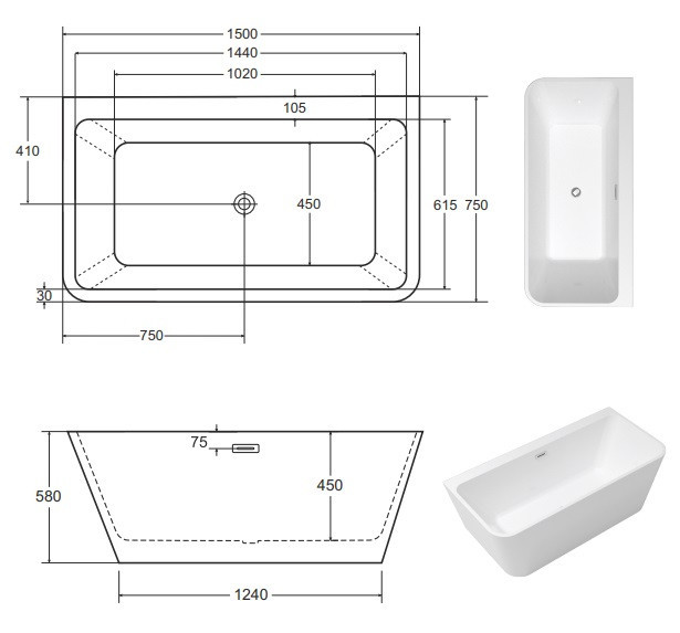 Besco Varya wanna wolnostojąca przyścienna 150x75 cm akryl biały + syfon chrom WAS-150-VR