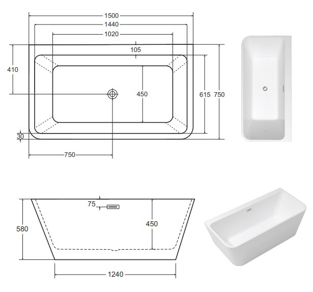 Besco Varya wanna wolnostojąca przyścienna 150x75 cm akryl biały + syfon złoty WAS-150-VRZ
