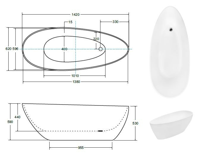 Besco Goya XS wanna wolnostojąca 142x62 cm Mineral DuraBe + syfon biały WMD-140-GKW