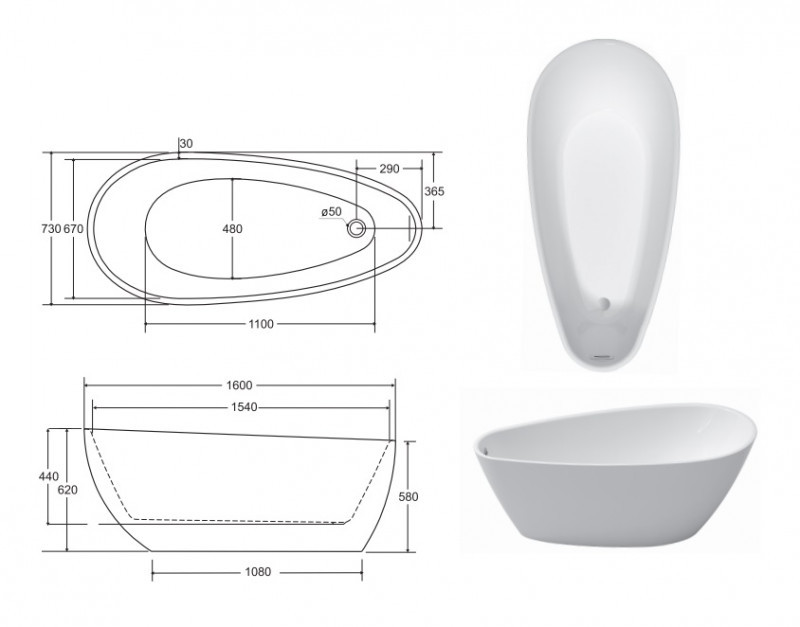 Besco Goya A-Line wanna wolnostojąca 160x73 cm akryl biały + syfon chrom WAS-160-G