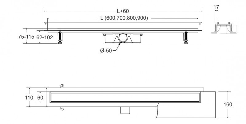 Besco Virgo Next Duo odpływ liniowy przyścienny 90 cm, wys. 6,2 cm ruszt 2w1 stal OL-90-VND