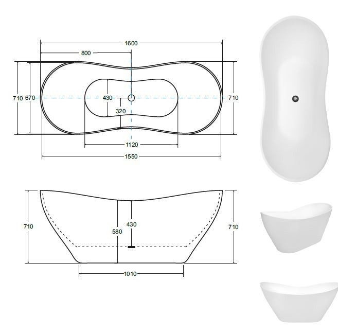 Besco Viya wanna wolnostojąca 160x70 lany marmur + syfon czarny WMD-160-VKB