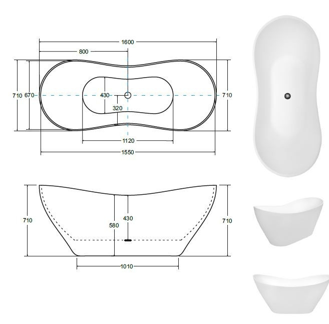 Besco Viya wanna wolnostojąca 160x70 lany marmur + syfon biały WMD-160-VKW