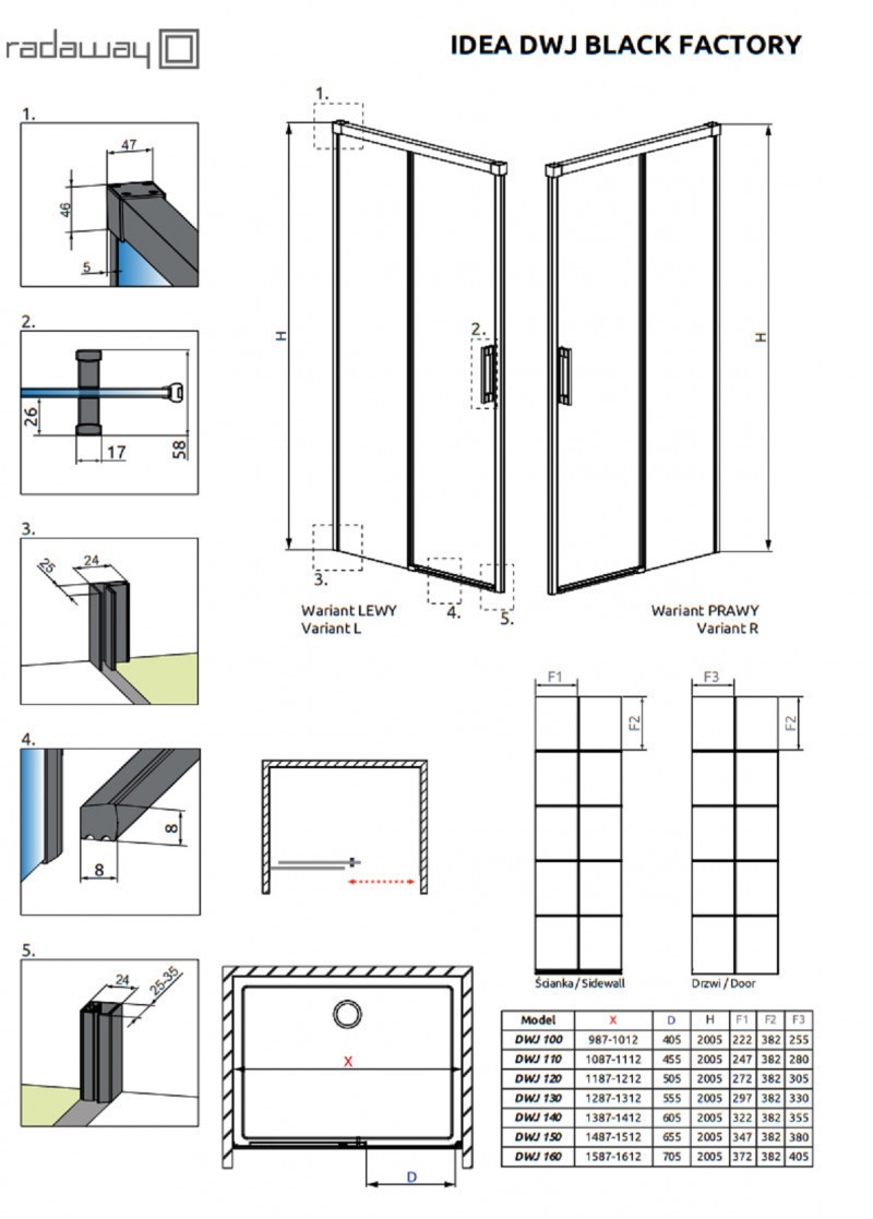 Radaway Idea Black DWJ Factory drzwi wnękowe przesuwne 130 cm prawe czarny krata Easy Clean 387017-54-55R