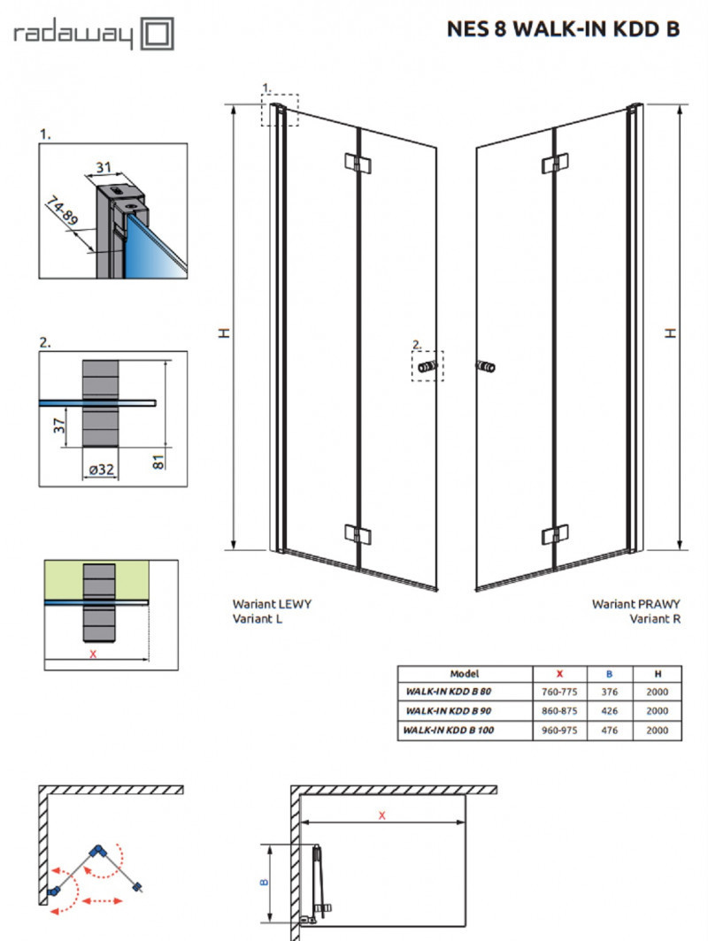 Radaway Nes 8 Walk-In KDD B ścianka składana 90 cm prawa chrom przeźroczyste Easy Clean 10074090-01-01R