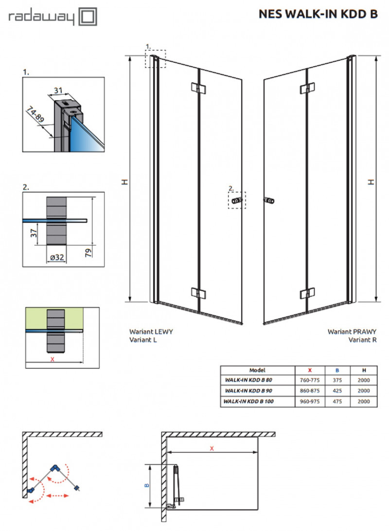 Radaway Nes Walk-In KDD B ścianka składana 80 cm prawa chrom przeźroczyste Easy Clean 10024080-01-01R