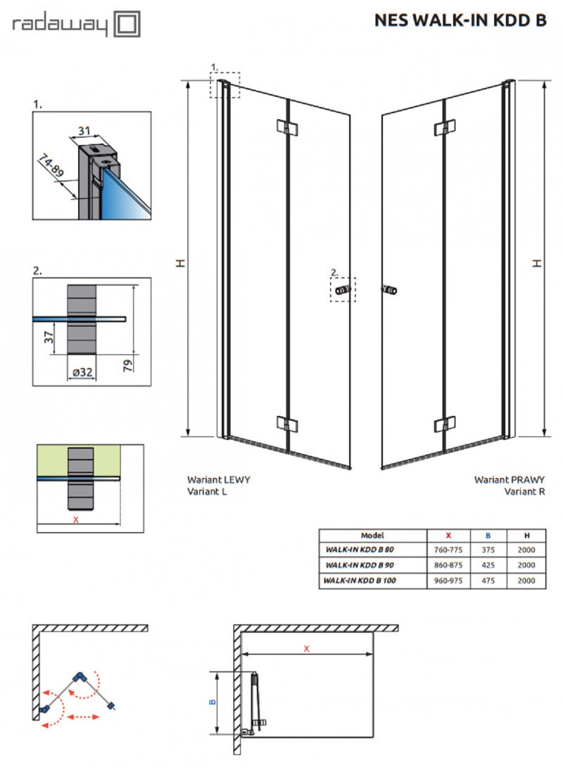 Radaway Nes Black Walk-In KDD B ścianka składana 100 cm prawa czarny przeźroczyste Easy Clean 10024100-54-01R