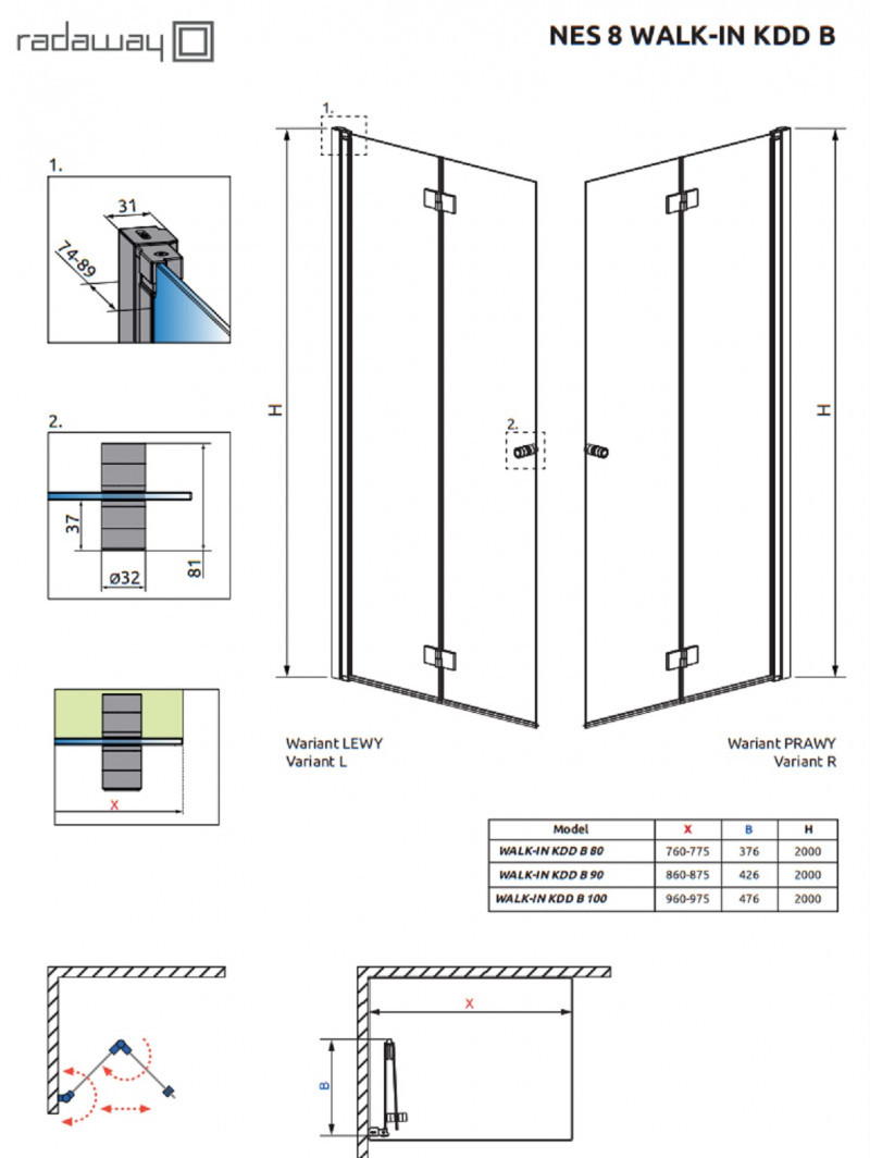 Radaway Nes 8 Black Walk-In KDD B ścianka składana 80 cm lewa czarny przeźroczyste Easy Clean 10074080-54-01L