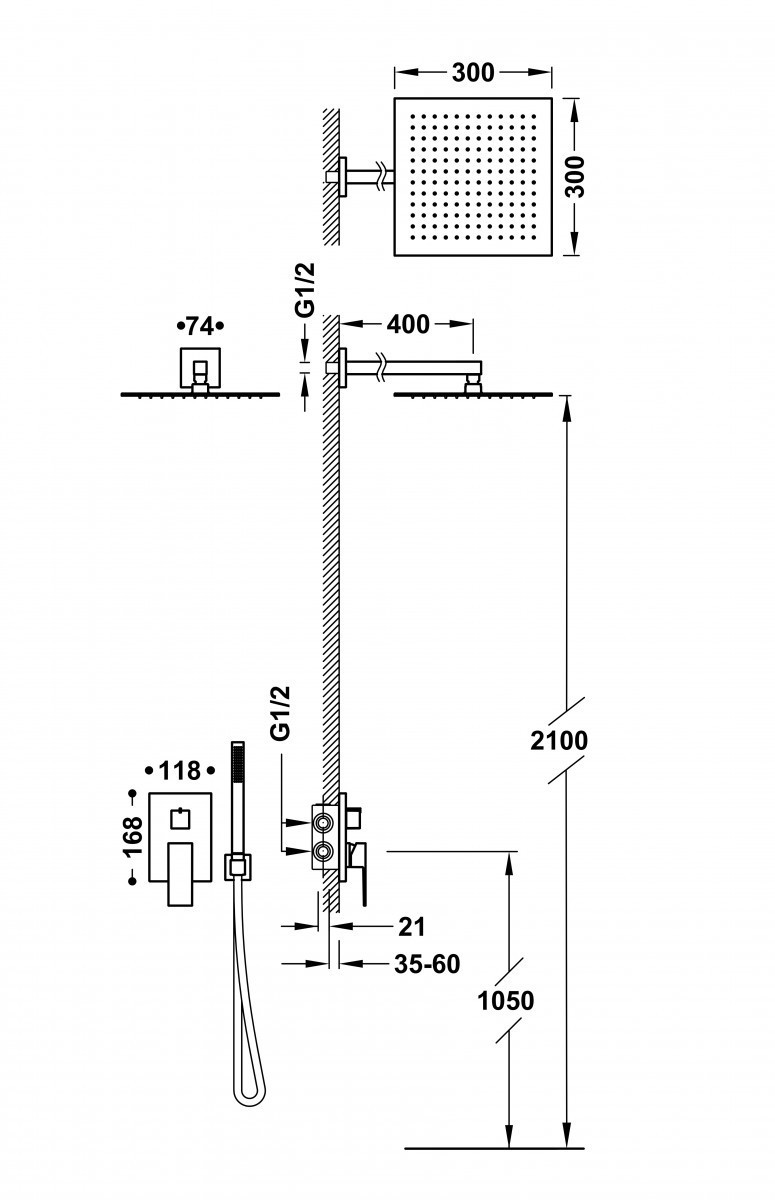Tres Cuadro Exclusive zestaw prysznicowy podtynkowy z deszczownicą 30x30 biały matowy 00628004BM
