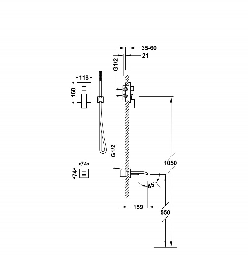 Tres Cuadro Exclusive zestaw wannowy podtynkowy z wylewką stal 00628006AC