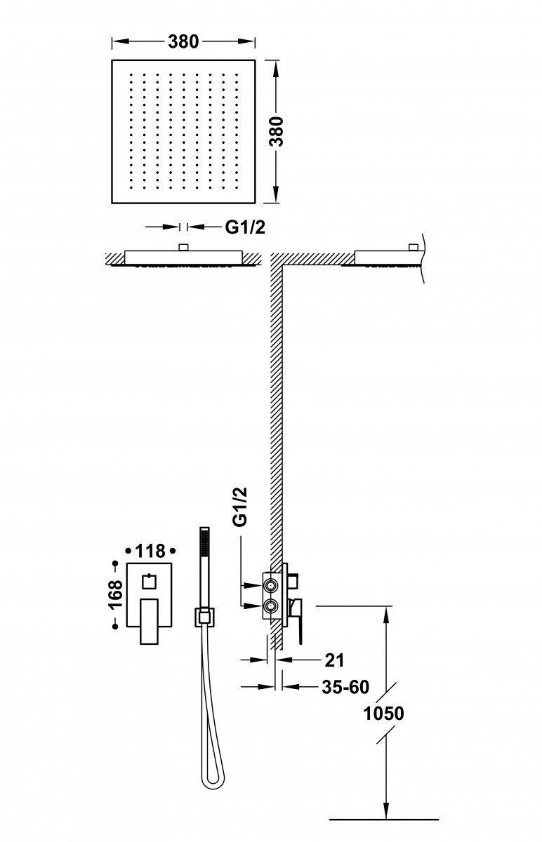 Tres Cuadro Exclusive zestaw prysznicowy podtynkowy z deszczownicą sufitową 38x38 stal 00628005AC
