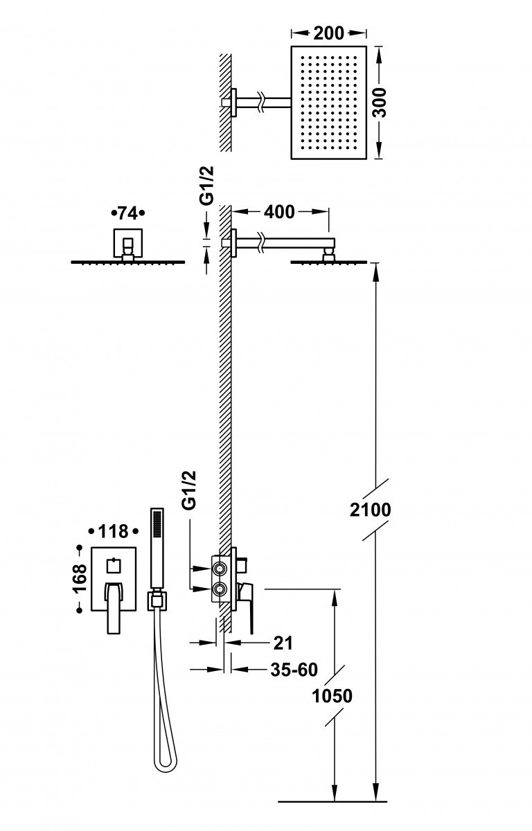 Tres Slim-Tres zestaw prysznicowy podtynkowy z deszczownicą 30x20 czarny matowy 20228004NM
