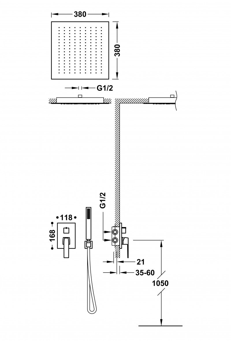 Tres Slim-Tres zestaw prysznicowy podtynkowy z deszczownicą sufitową 38x38 czarny matowy 20228006NM