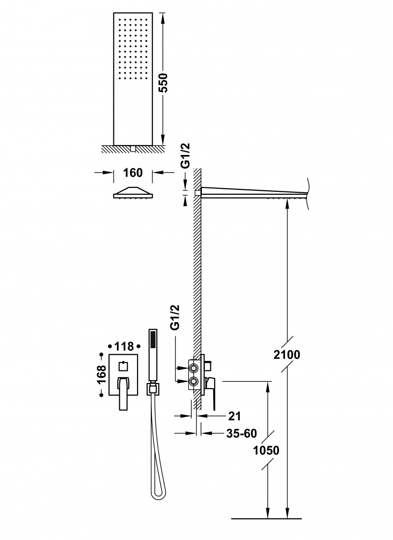 Tres Slim-Tres zestaw prysznicowy podtynkowy z deszczownicą ścienną 55x16 chrom 20228005
