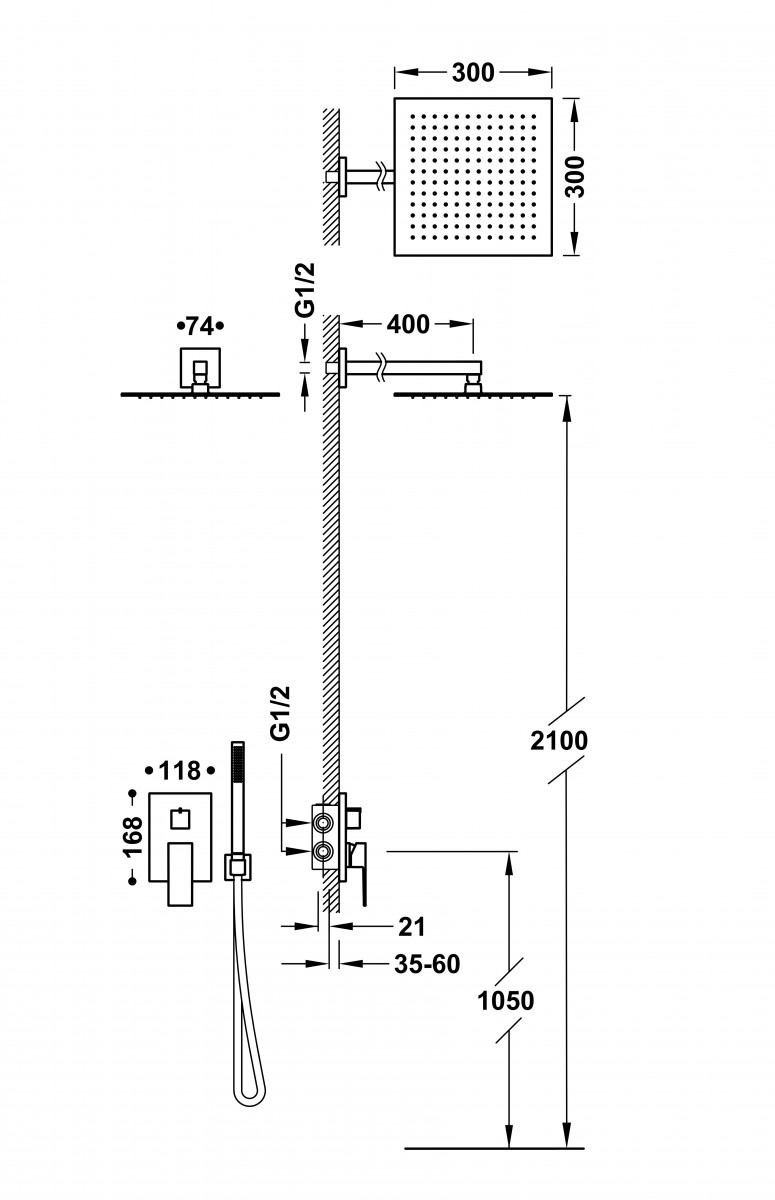 Tres Cuadro Exclusive zestaw prysznicowy podtynkowy z deszczownicą 30x30 stal 00628004AC