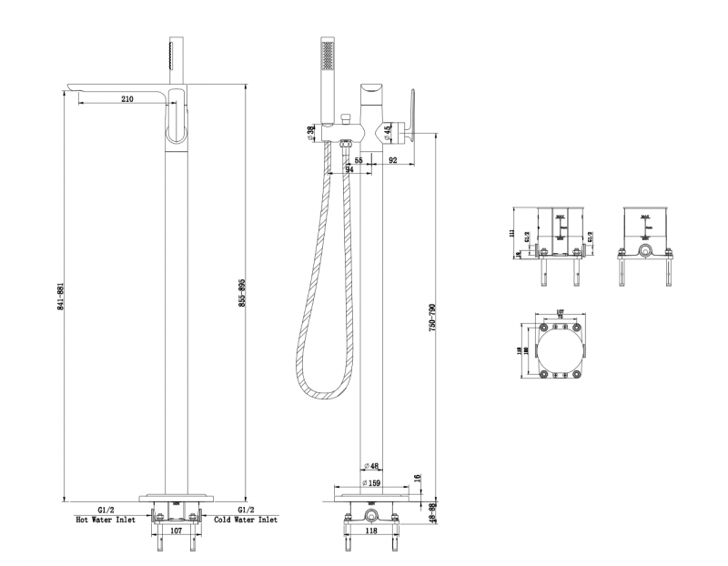 Kohlman Experience Brushed Gold bateria wannowa podłogowa wolnostojąca złoty szczotkowany QF1165EGDB