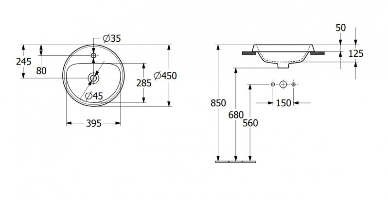Villeroy&Boch Architectura umywalka wpuszczana w blat 45x45 biała weiss alpin CeramicPlus 5A6546R1