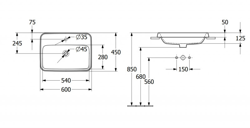 Villeroy&Boch Architectura umywalka wpuszczana w blat 60x45 biała weiss alpin 5A676101