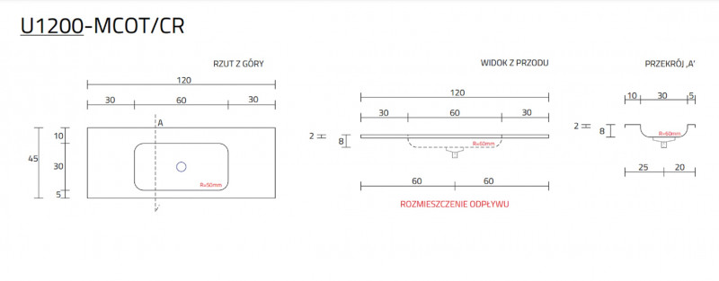 Cristalstone Linea Simpla umywalka meblowa 120x45 cm biały satynowy mat U1200-MCOT/CR