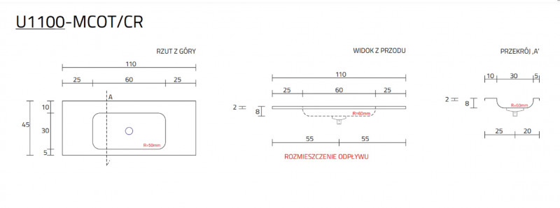 Cristalstone Linea Simpla umywalka meblowa 110x45 cm biały satynowy mat U1100-MCOT/CR