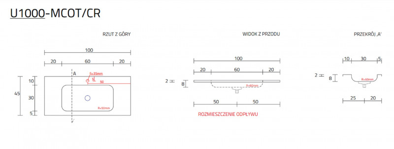Cristalstone Linea Simpla umywalka meblowa 100x45 cm biały satynowy mat U1000-MCOT/CR