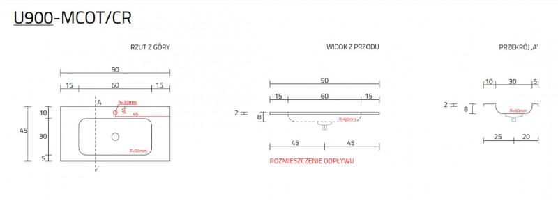 Cristalstone Linea Simpla umywalka meblowa 90x45 cm biały satynowy mat U900-MCOT/CR