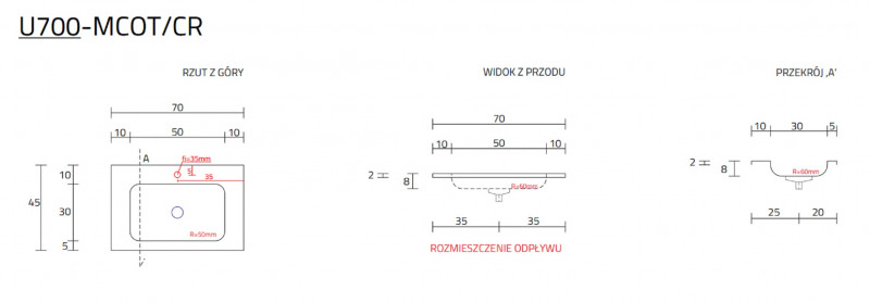 Cristalstone Linea Simpla umywalka meblowa 70x45 cm biały satynowy mat U700-MCOT/CR