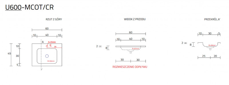 Cristalstone Linea Simpla umywalka meblowa 60x45 cm biały satynowy mat U600-MCOT/CR