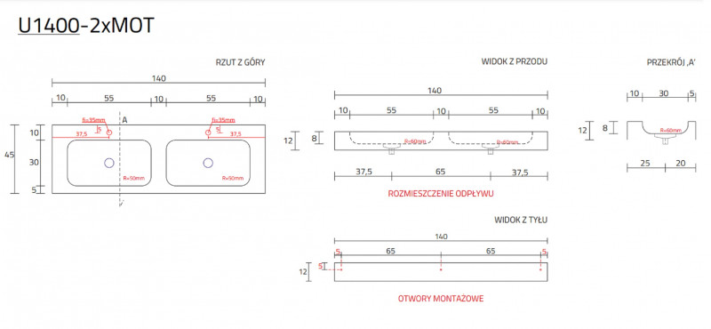 Cristalstone Linea Simpla umywalka podwójna 140x45 cm biały satynowy mat U1400-2XMOT