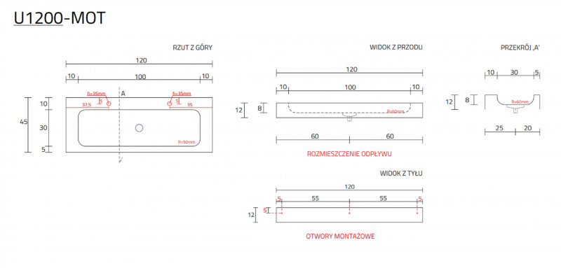 Cristalstone Linea Simpla umywalka podwójna 120x45 cm biały satynowy mat U1200-MOT
