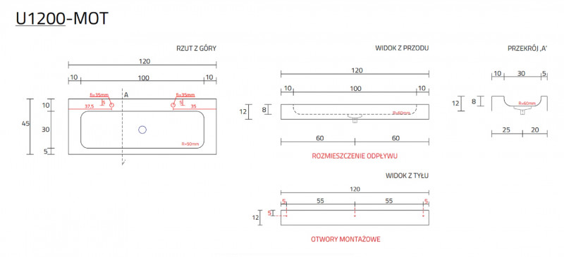 Cristalstone Linea Simpla umywalka 130x45 cm biały satynowy mat U1300-MCOT