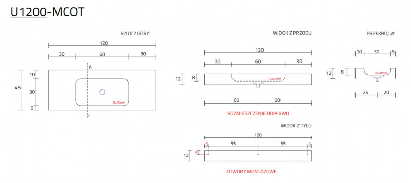 Cristalstone Linea Simpla umywalka 120x45 cm biały satynowy mat U1200-MCOT