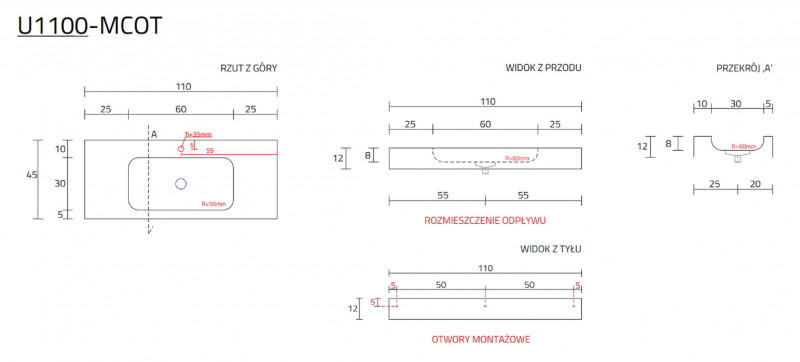 Cristalstone Linea Simpla umywalka 110x45 cm biały satynowy mat U1100-MCOT
