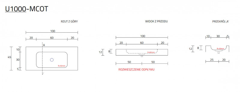 Cristalstone Linea Simpla umywalka 100x45 cm biały satynowy mat U1000-MCOT