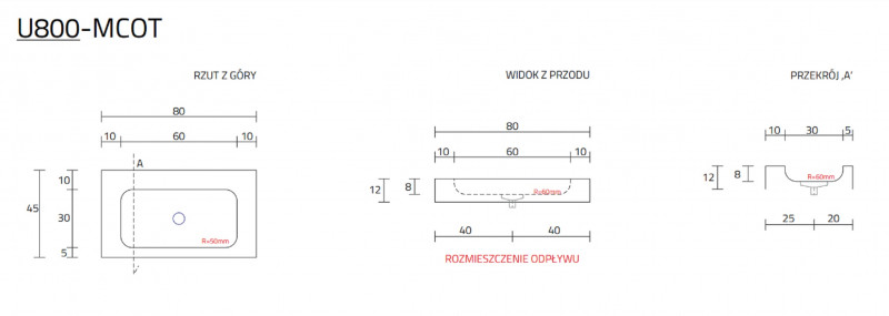 Cristalstone Linea Simpla umywalka 80x45 cm biały satynowy mat U800-MCOT