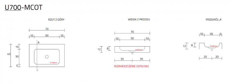 Cristalstone Linea Simpla umywalka 70x45 cm biały satynowy mat U700-MCOT