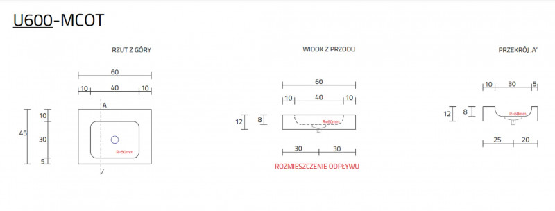 Cristalstone Linea Simpla umywalka 60x45 cm biały satynowy mat U600-MCOT