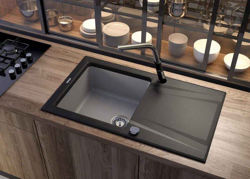Deante Silia bateria zlewozmywakowa z wyciąganą wylewką stal/czarny BQSB730