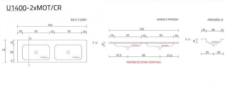 Cristalstone Linea Simpla umywalka meblowa podwójna 140x45 cm biały satynowy mat U1400-2xMOT/CR