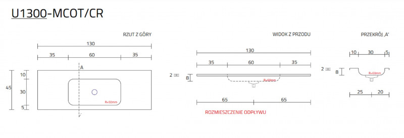 Cristalstone Linea Simpla umywalka meblowa 130x45 cm biały satynowy mat U1300-MCOT/CR