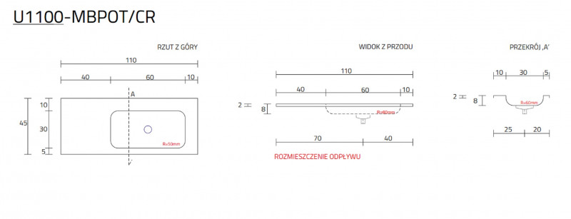 Cristalstone Linea Simpla umywalka meblowa 110x45 cm prawa biały satynowy mat U1100-MBPOT/CR