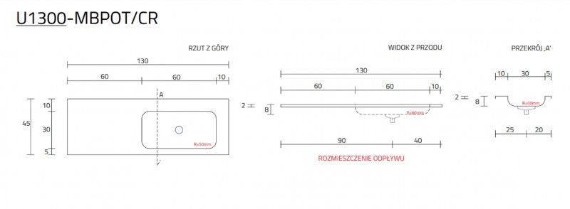 Cristalstone Linea Simpla umywalka meblowa 130x45 cm prawa biały satynowy mat U1300-MBPOT/CR