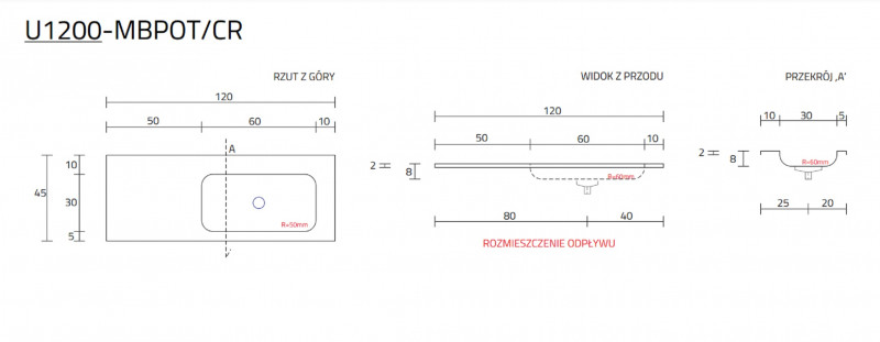 Cristalstone Linea Simpla umywalka meblowa 120x45 cm prawa biały satynowy mat U1200-MBPOT/CR