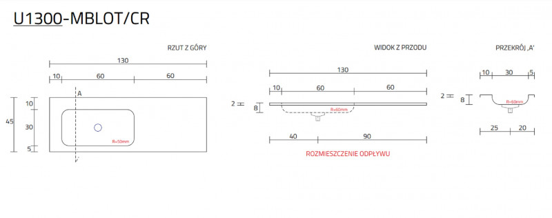 Cristalstone Linea Simpla umywalka meblowa 130x45 cm lewa biały satynowy mat U1300-MBLOT/CR