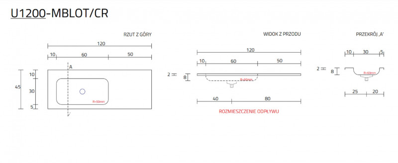 Cristalstone Linea Simpla umywalka meblowa 120x45 cm lewa biały satynowy mat U1200-MBLOT/CR